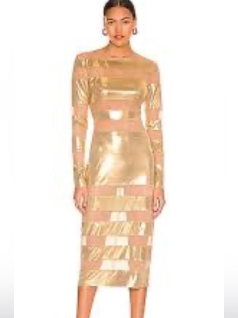 Norma Kamali Gold and Nude Sheer Striped Long Sleeve Dress